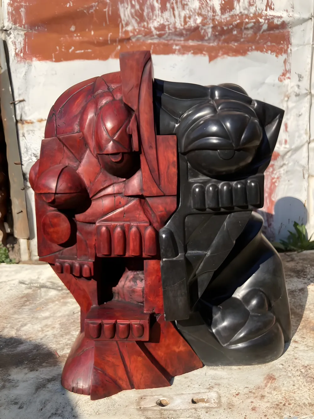 Threefaced — cubist bust sculpture, digital sculpt by Yael Matute for the Samurai Farai series, carved in stone and wood by Nelson Ngonisa